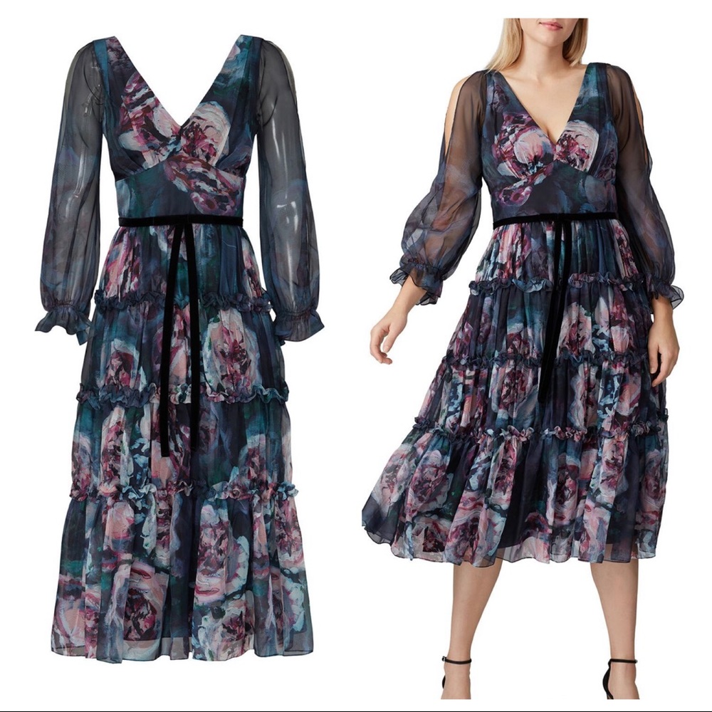Marchesa notte ribbon waist ruffle dress 12